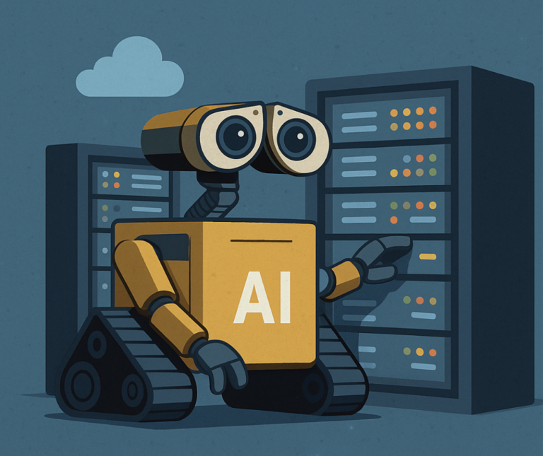 A cartoon robot with "AI" on its chest points at a server rack, with a cloud in the background on a blue backdrop.